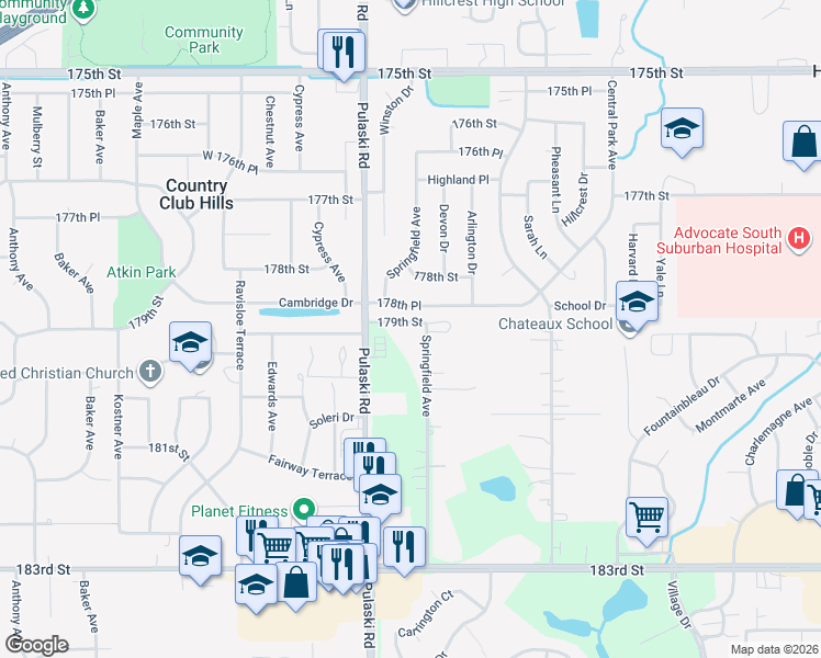 map of restaurants, bars, coffee shops, grocery stores, and more near 17911 Crawford Avenue in Homewood