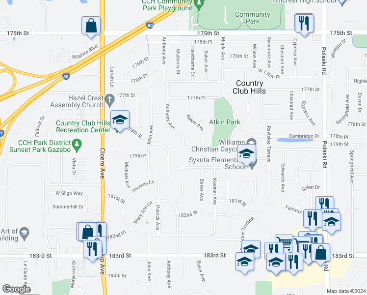 map of restaurants, bars, coffee shops, grocery stores, and more near 4498 179th Street in Country Club Hills