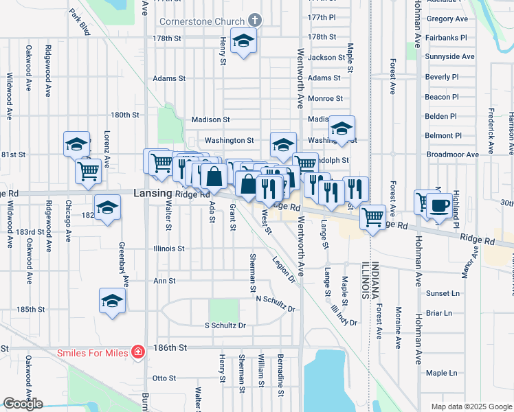 map of restaurants, bars, coffee shops, grocery stores, and more near 18224 West Street in Lansing