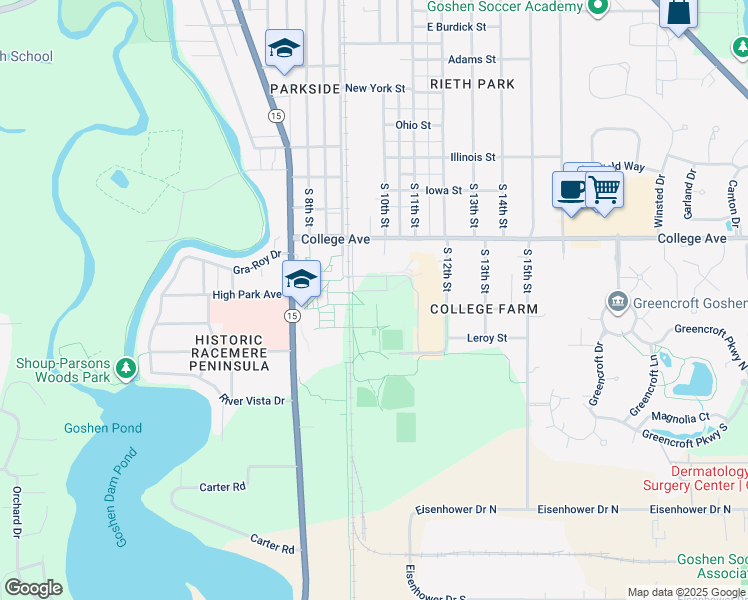 map of restaurants, bars, coffee shops, grocery stores, and more near 1700 South Main Street in Goshen