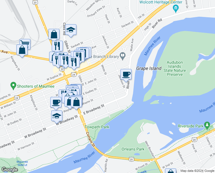 map of restaurants, bars, coffee shops, grocery stores, and more near 319 East Wayne Street in Maumee