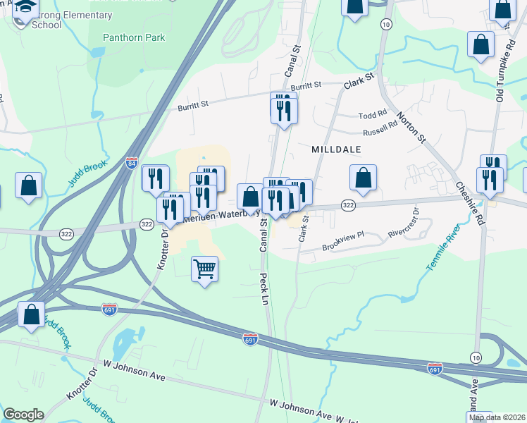 map of restaurants, bars, coffee shops, grocery stores, and more near 500 Canal Street in Southington