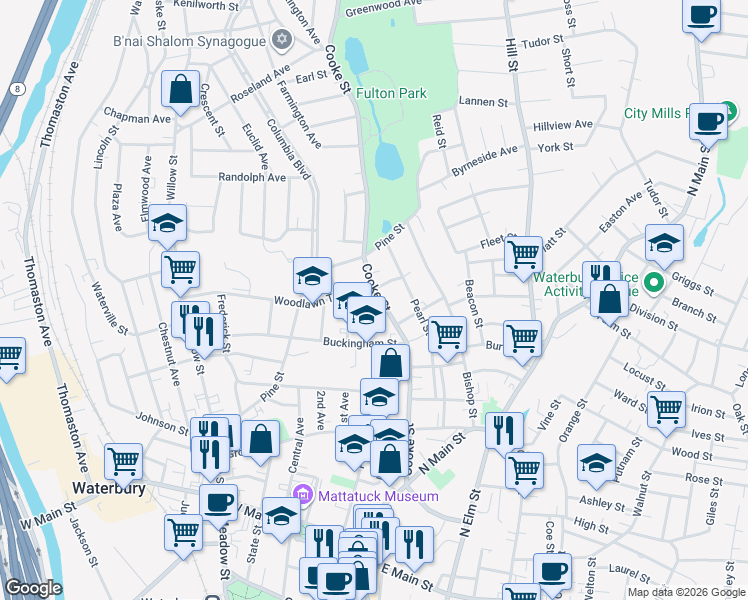 map of restaurants, bars, coffee shops, grocery stores, and more near 229 Cooke Street in Waterbury