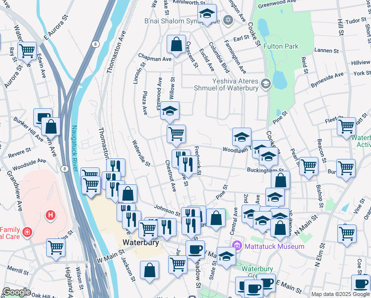 map of restaurants, bars, coffee shops, grocery stores, and more near 209 Woodlawn Terrace in Waterbury