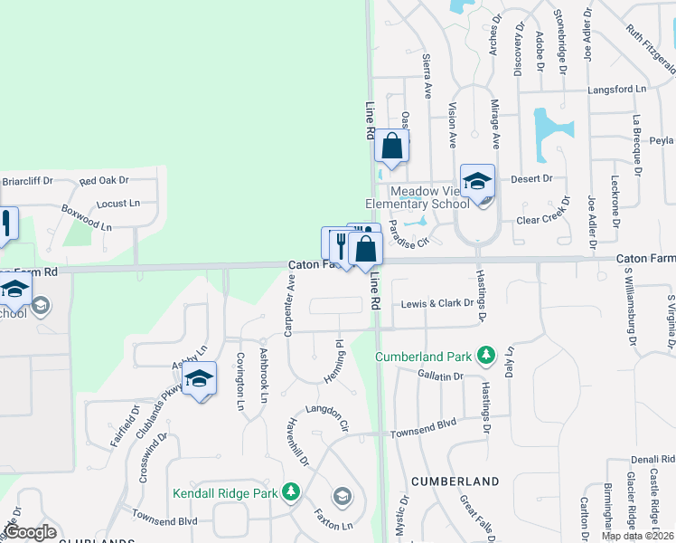 map of restaurants, bars, coffee shops, grocery stores, and more near 7176 Caton Farm Road in Plainfield