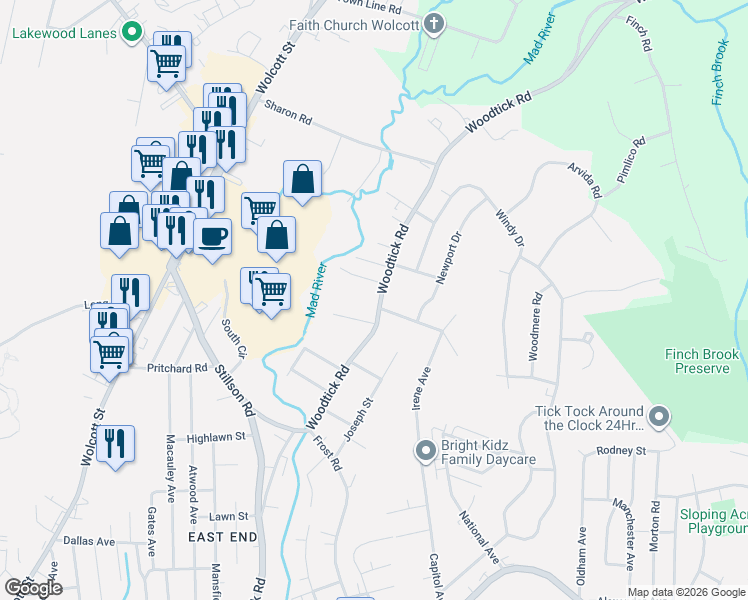 map of restaurants, bars, coffee shops, grocery stores, and more near 21 Lund Avenue in Waterbury