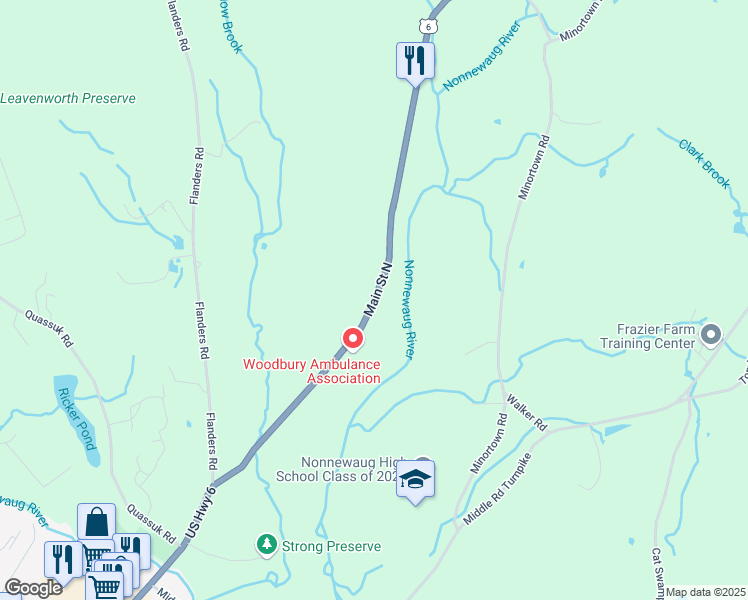 map of restaurants, bars, coffee shops, grocery stores, and more near 125 Main Street North in Woodbury