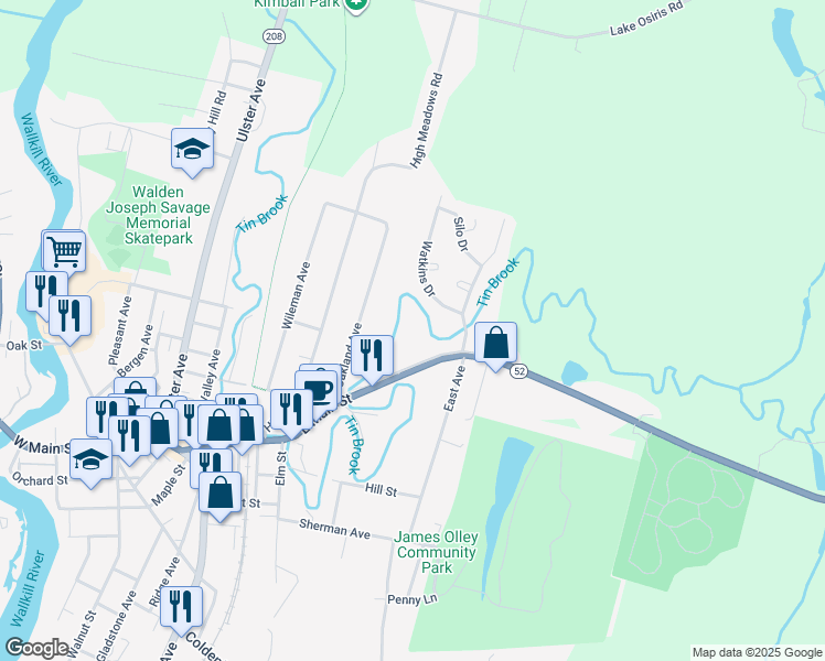 map of restaurants, bars, coffee shops, grocery stores, and more near 202 East Main Street in Walden