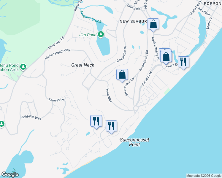 map of restaurants, bars, coffee shops, grocery stores, and more near 48 Troon Way in Mashpee