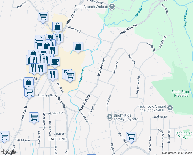 map of restaurants, bars, coffee shops, grocery stores, and more near 21 Lund Avenue in Waterbury
