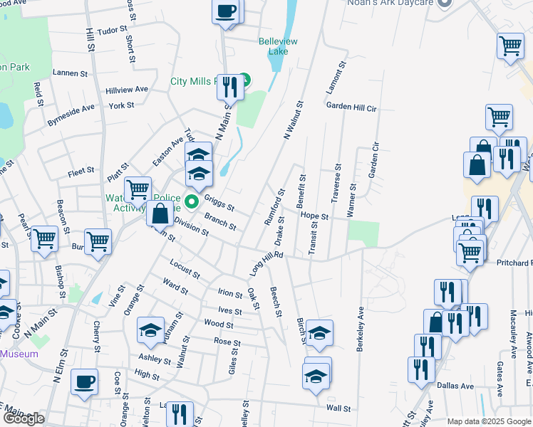 map of restaurants, bars, coffee shops, grocery stores, and more near 49 Drake Street in Waterbury