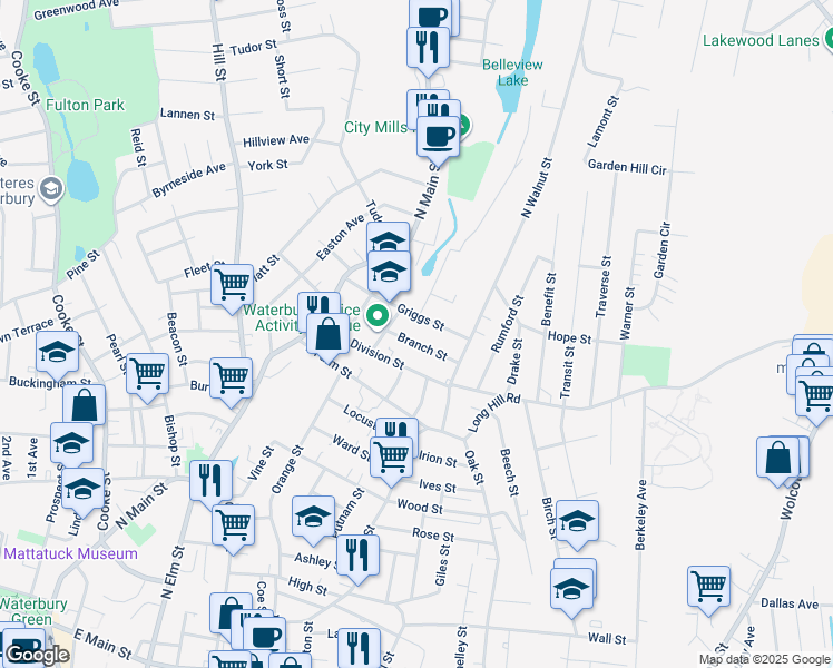 map of restaurants, bars, coffee shops, grocery stores, and more near 56 Branch Street in Waterbury
