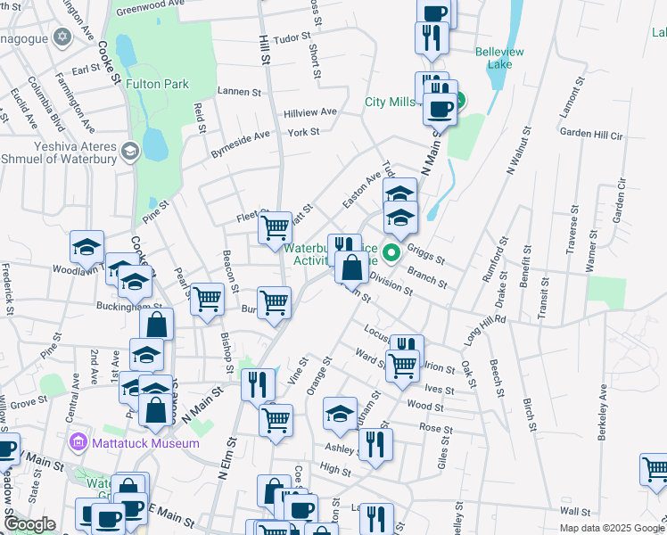map of restaurants, bars, coffee shops, grocery stores, and more near 23 East Farm Street in Waterbury