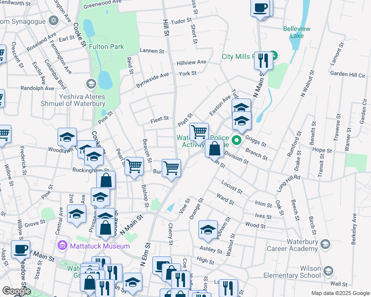 map of restaurants, bars, coffee shops, grocery stores, and more near 748 North Main Street in Waterbury
