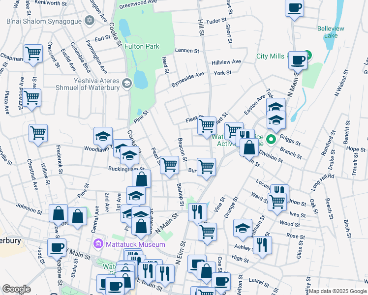 map of restaurants, bars, coffee shops, grocery stores, and more near 50 Summer Street in Waterbury