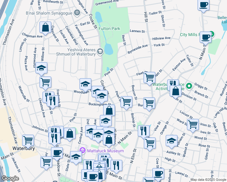 map of restaurants, bars, coffee shops, grocery stores, and more near 197 Cooke Street in Waterbury