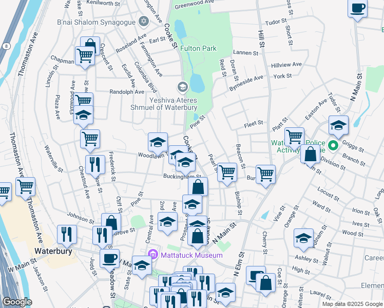 map of restaurants, bars, coffee shops, grocery stores, and more near 197 Cooke Street in Waterbury