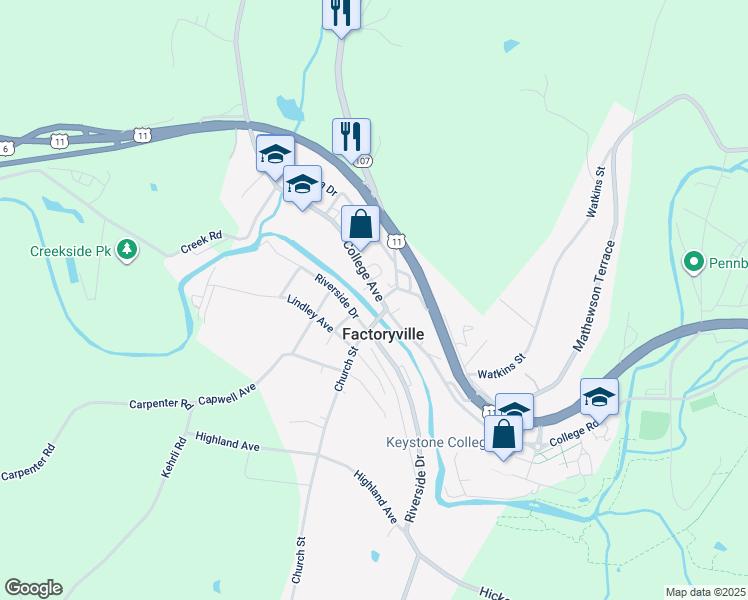 map of restaurants, bars, coffee shops, grocery stores, and more near in Factoryville