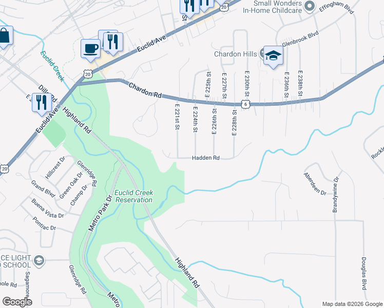 map of restaurants, bars, coffee shops, grocery stores, and more near 22250 Hadden Road in Euclid