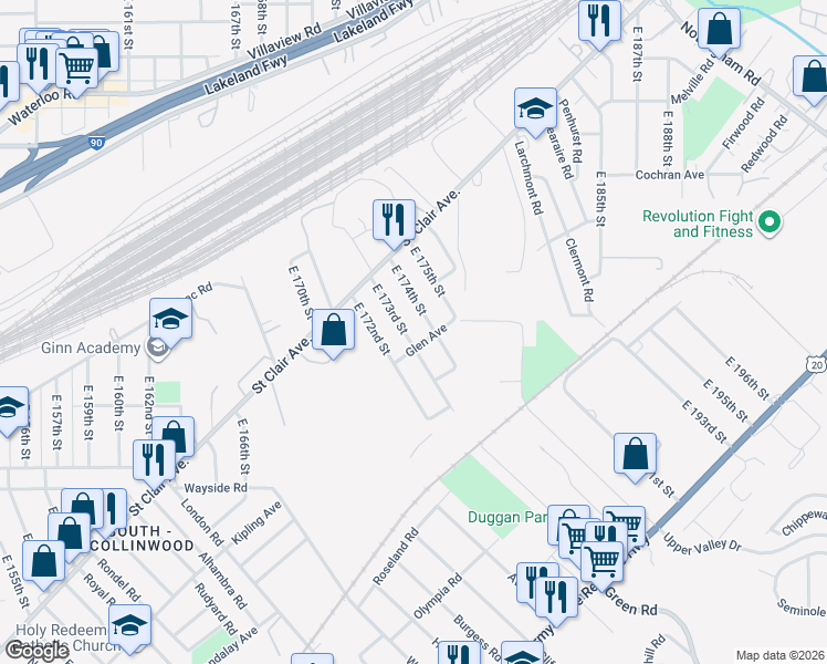 map of restaurants, bars, coffee shops, grocery stores, and more near 1489 East 172nd Street in Cleveland
