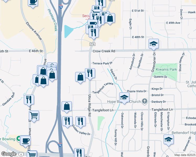 map of restaurants, bars, coffee shops, grocery stores, and more near 4155 Rolling Hills Drive in Bettendorf