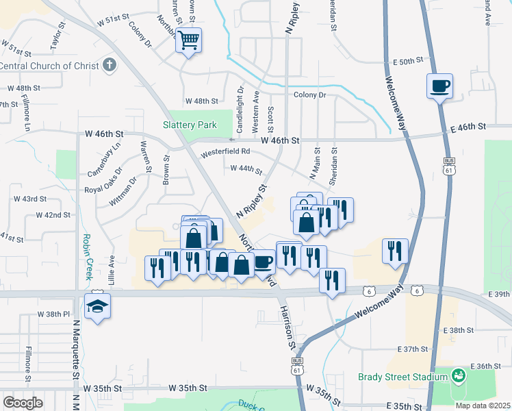 map of restaurants, bars, coffee shops, grocery stores, and more near 4217 North Ripley Street in Davenport