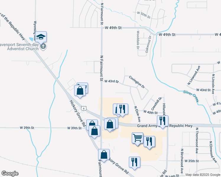 map of restaurants, bars, coffee shops, grocery stores, and more near 4123 North Fairmount Street in Davenport