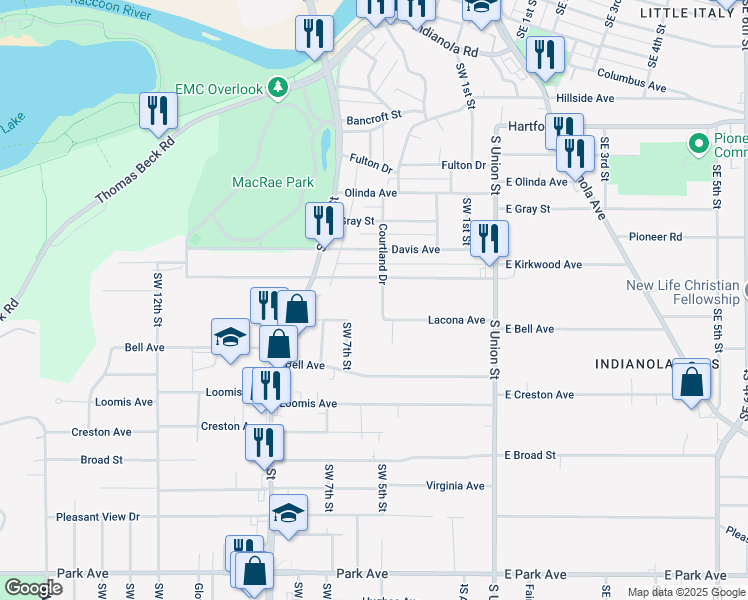 map of restaurants, bars, coffee shops, grocery stores, and more near 2420 Courtland Drive in Des Moines