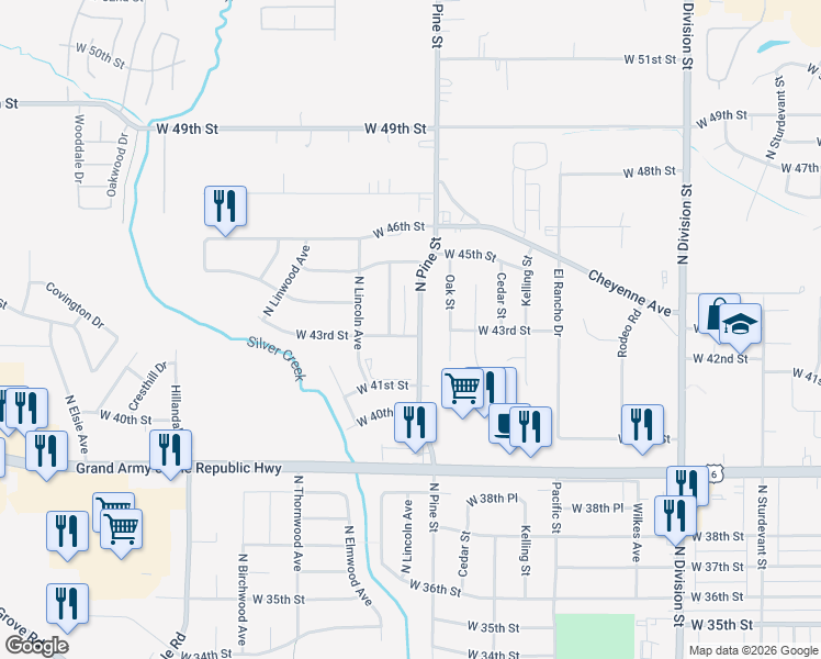 map of restaurants, bars, coffee shops, grocery stores, and more near 4205 North Pine Street in Davenport