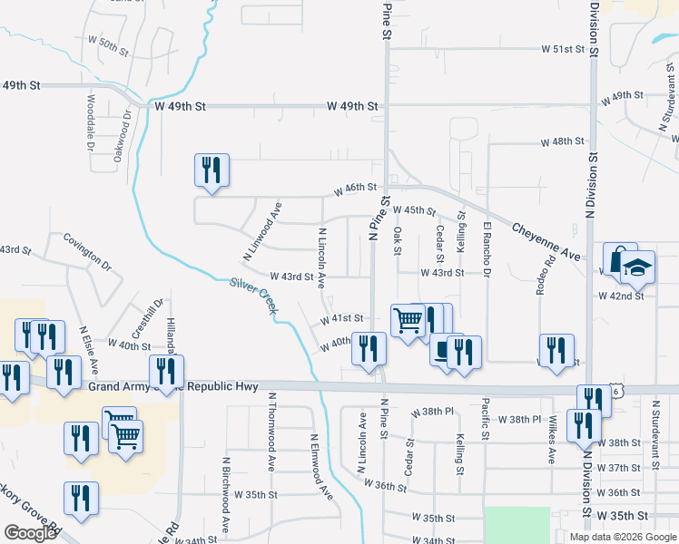 map of restaurants, bars, coffee shops, grocery stores, and more near 2330 West 41st Street in Davenport