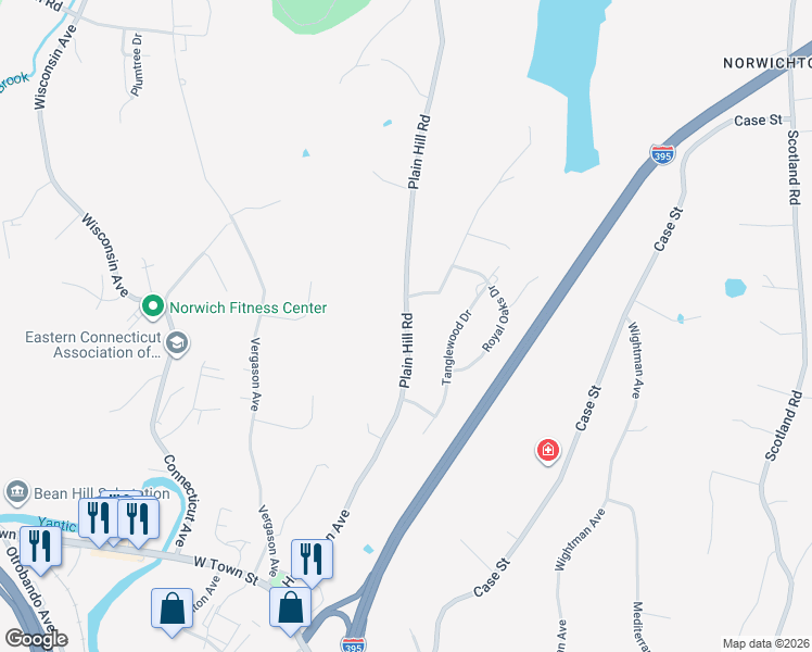 map of restaurants, bars, coffee shops, grocery stores, and more near 79 Plain Hill Road in Norwich