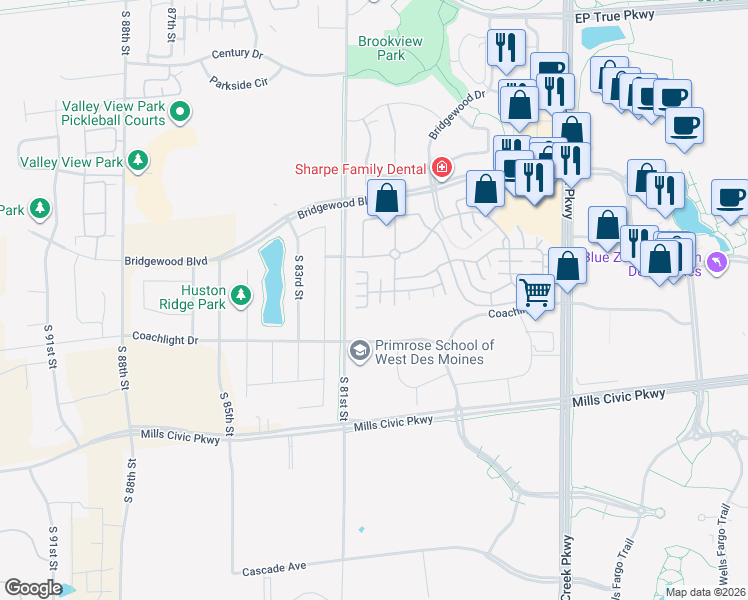 map of restaurants, bars, coffee shops, grocery stores, and more near 277 South 79th Street in West Des Moines