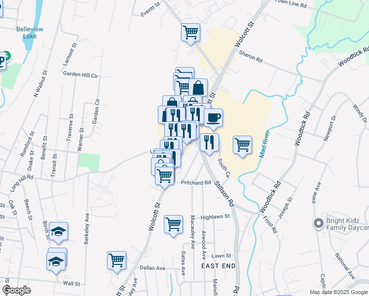 map of restaurants, bars, coffee shops, grocery stores, and more near 800 Wolcott Street in Waterbury
