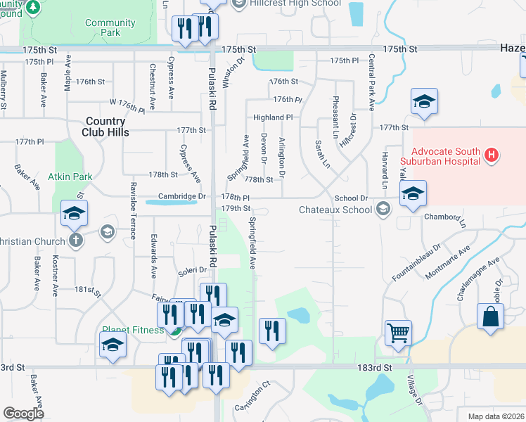 map of restaurants, bars, coffee shops, grocery stores, and more near 17901 Springfield Avenue in Homewood