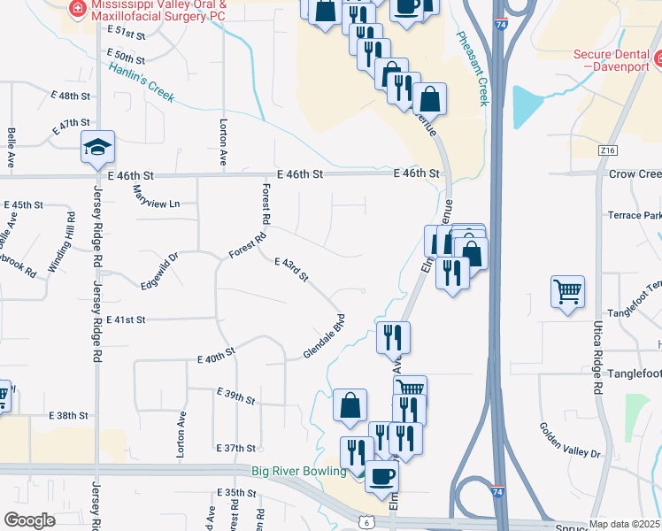 map of restaurants, bars, coffee shops, grocery stores, and more near 2855-2899 E 44th St in Davenport
