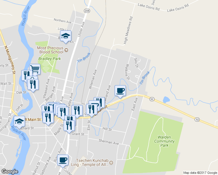 map of restaurants, bars, coffee shops, grocery stores, and more near 36 Oakland Avenue in Walden