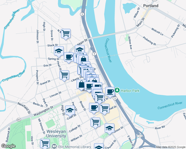 map of restaurants, bars, coffee shops, grocery stores, and more near 44 Green Street in Middletown