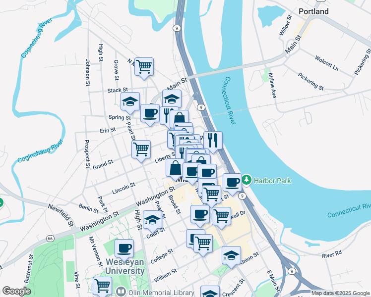 map of restaurants, bars, coffee shops, grocery stores, and more near 44 Green Street in Middletown