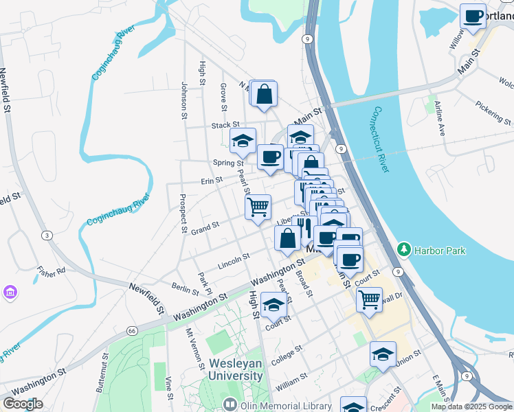 map of restaurants, bars, coffee shops, grocery stores, and more near 25 Clinton Avenue in Middletown