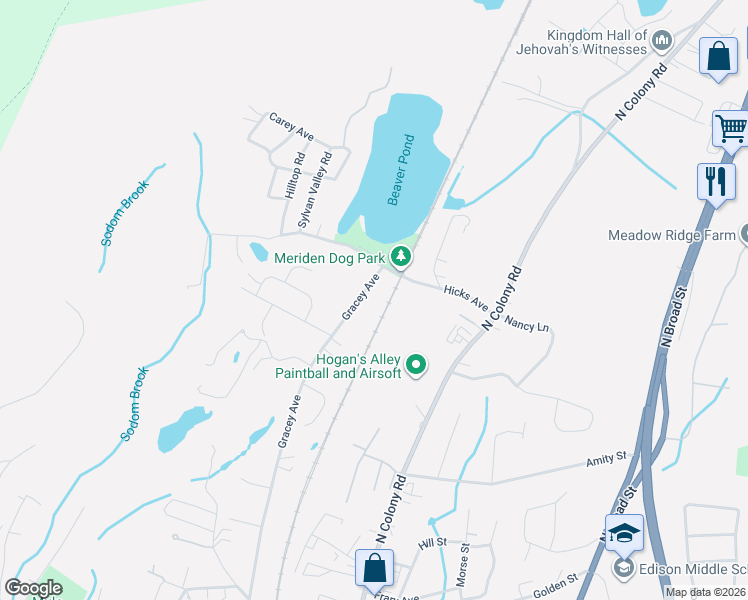 map of restaurants, bars, coffee shops, grocery stores, and more near 631 Gracey Avenue in Meriden
