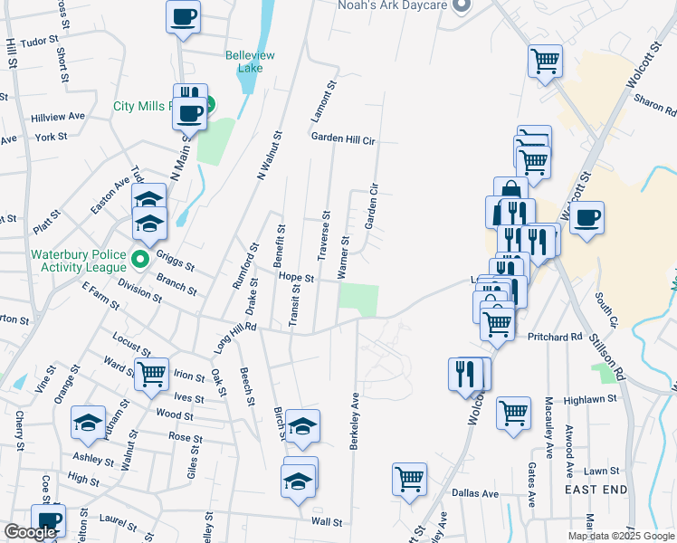 map of restaurants, bars, coffee shops, grocery stores, and more near 129 Warner Street in Waterbury