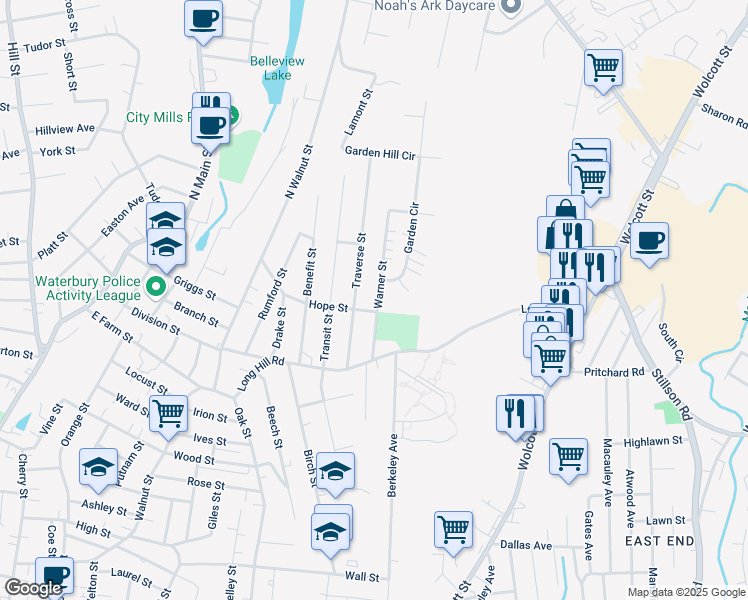 map of restaurants, bars, coffee shops, grocery stores, and more near 129 Warner Street in Waterbury