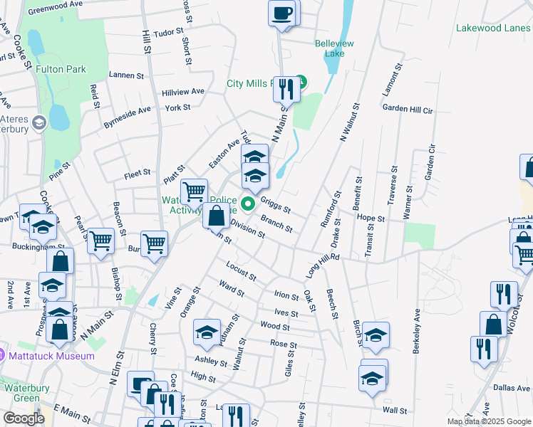 map of restaurants, bars, coffee shops, grocery stores, and more near 58 Griggs Street in Waterbury