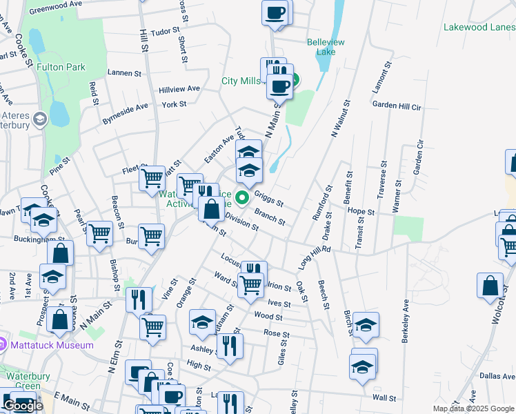 map of restaurants, bars, coffee shops, grocery stores, and more near 58 Griggs Street in Waterbury
