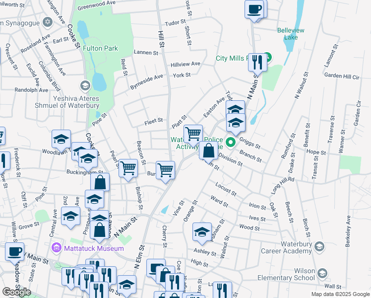 map of restaurants, bars, coffee shops, grocery stores, and more near 60 West Farm Street in Waterbury