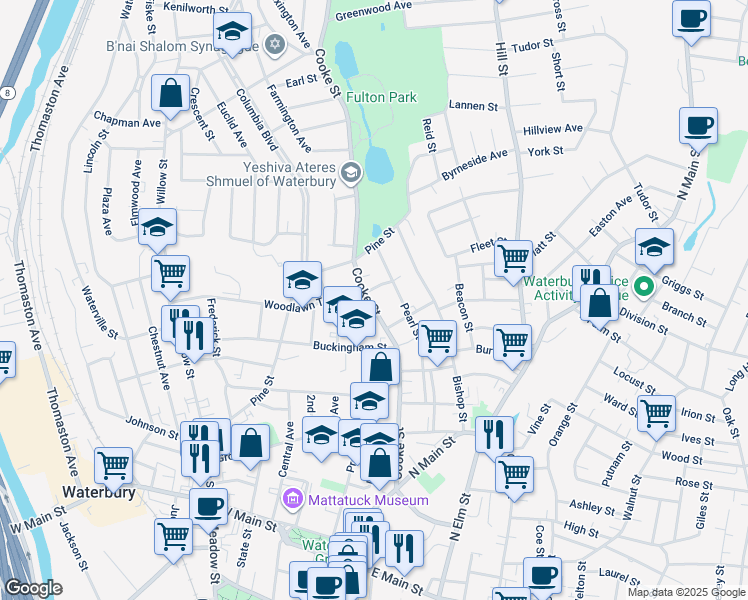 map of restaurants, bars, coffee shops, grocery stores, and more near 15 Matson Court in Waterbury
