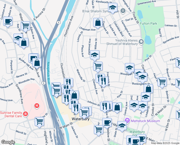 map of restaurants, bars, coffee shops, grocery stores, and more near 26 Ludlow Street in Waterbury