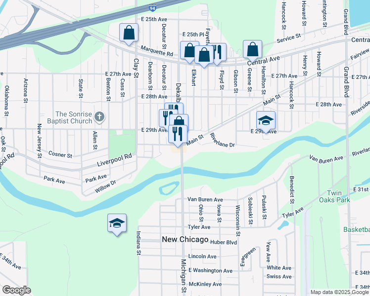 map of restaurants, bars, coffee shops, grocery stores, and more near 2927 Dekalb Street in Lake Station