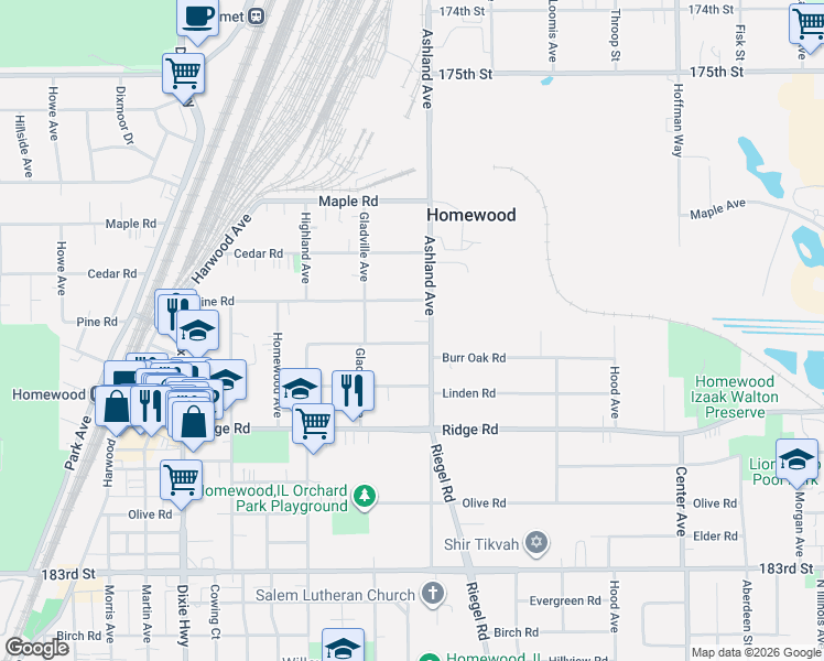 map of restaurants, bars, coffee shops, grocery stores, and more near 1639 Pine Road in Homewood
