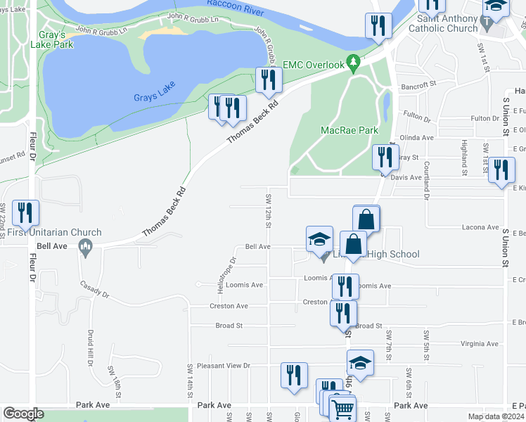 map of restaurants, bars, coffee shops, grocery stores, and more near 1216 Davis Avenue in Des Moines